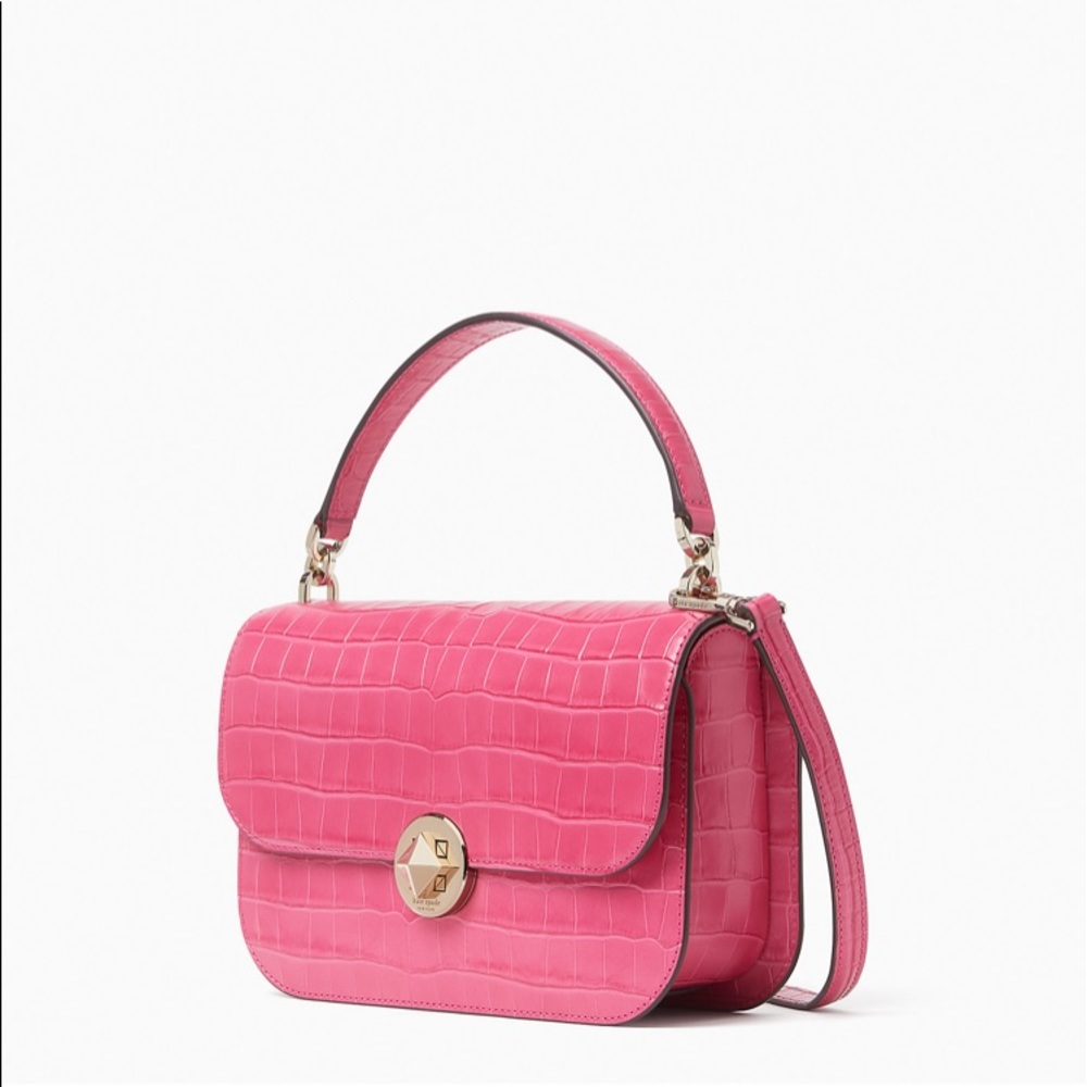 ♠️Kate Spade Audrey Croc Embossed Leather Flap Crossbody Satchel Bag, Pink NWT - Picture 3 of 7